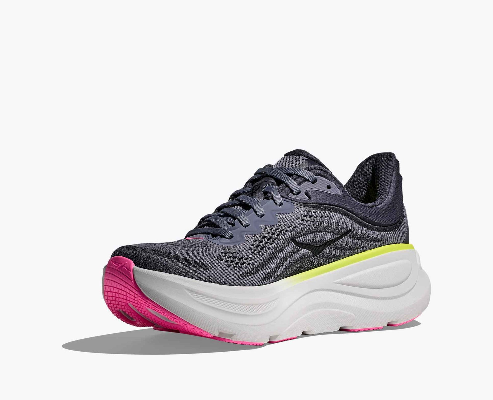 grey hoka bondi running shoes with pink and green accents on the inside