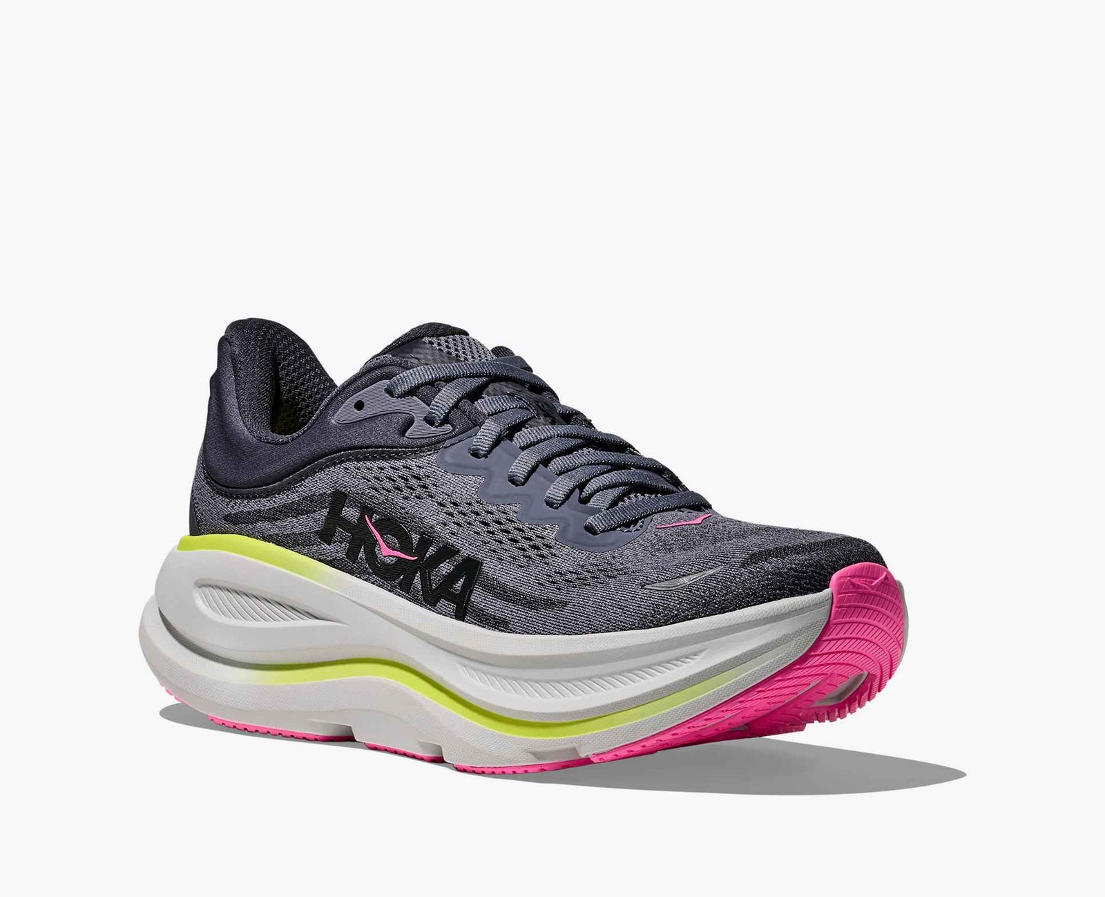 grey hoka bondi womens running shoes with pink and green accents