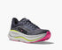 grey hoka bondi womens running shoes with pink and green accents