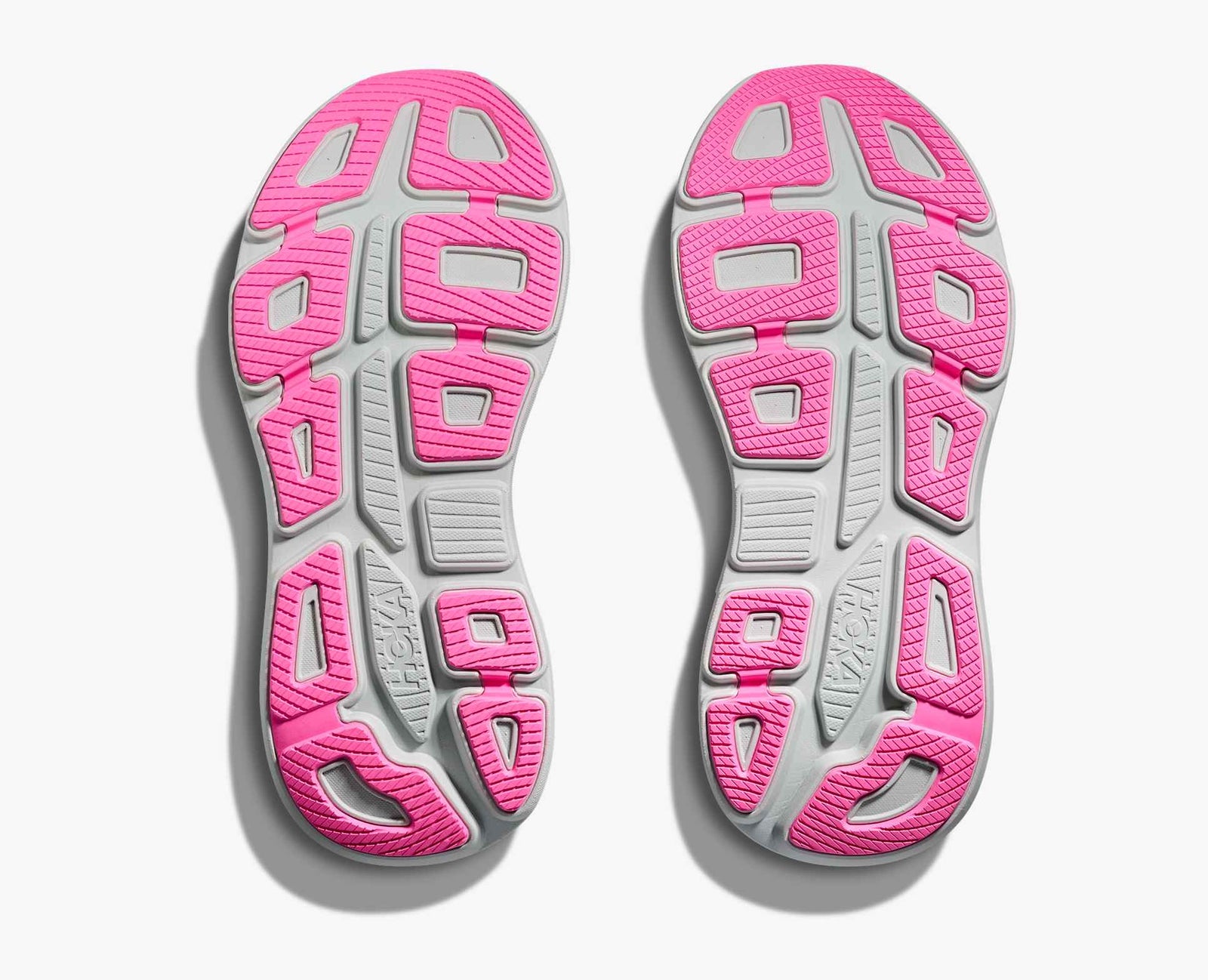 grey hoka bondi running shoes with pink soles