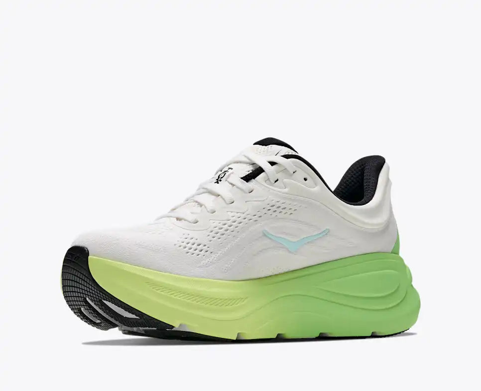 hoka bondi 9 womens, super cushioned road running and walking shoe, white colour with green and yellow sole, picture of shoe on white background.