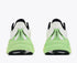 hoka bondi 9 womens, super cushioned road running and walking shoe, white colour with green and yellow sole, picture of shoe on white background.