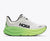 hoka bondi 9 womens, super cushioned road running and walking shoe, white colour with green and yellow sole, picture of shoe on white background.