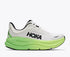 hoka bondi 9 womens, super cushioned road running and walking shoe, white colour with green and yellow sole, picture of shoe on white background.