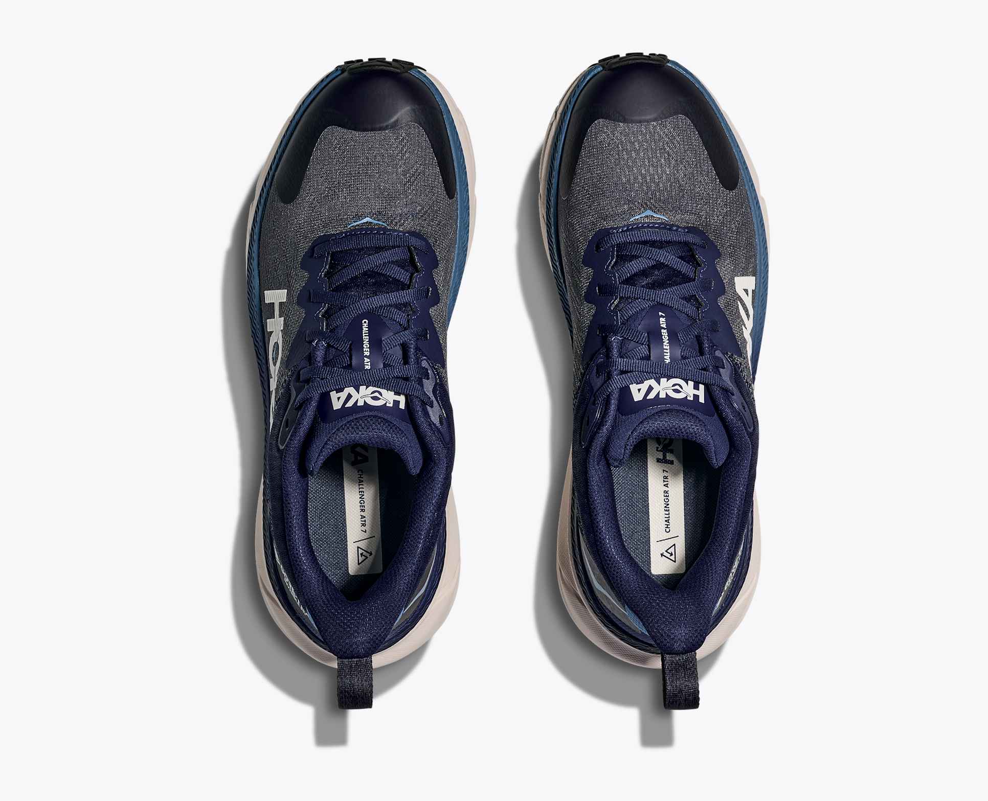 hoka challenger 7 gtx for mens, waterproof road and trail running shoe, dark grey and navy blue with white sole and logo, pair of shoes from above