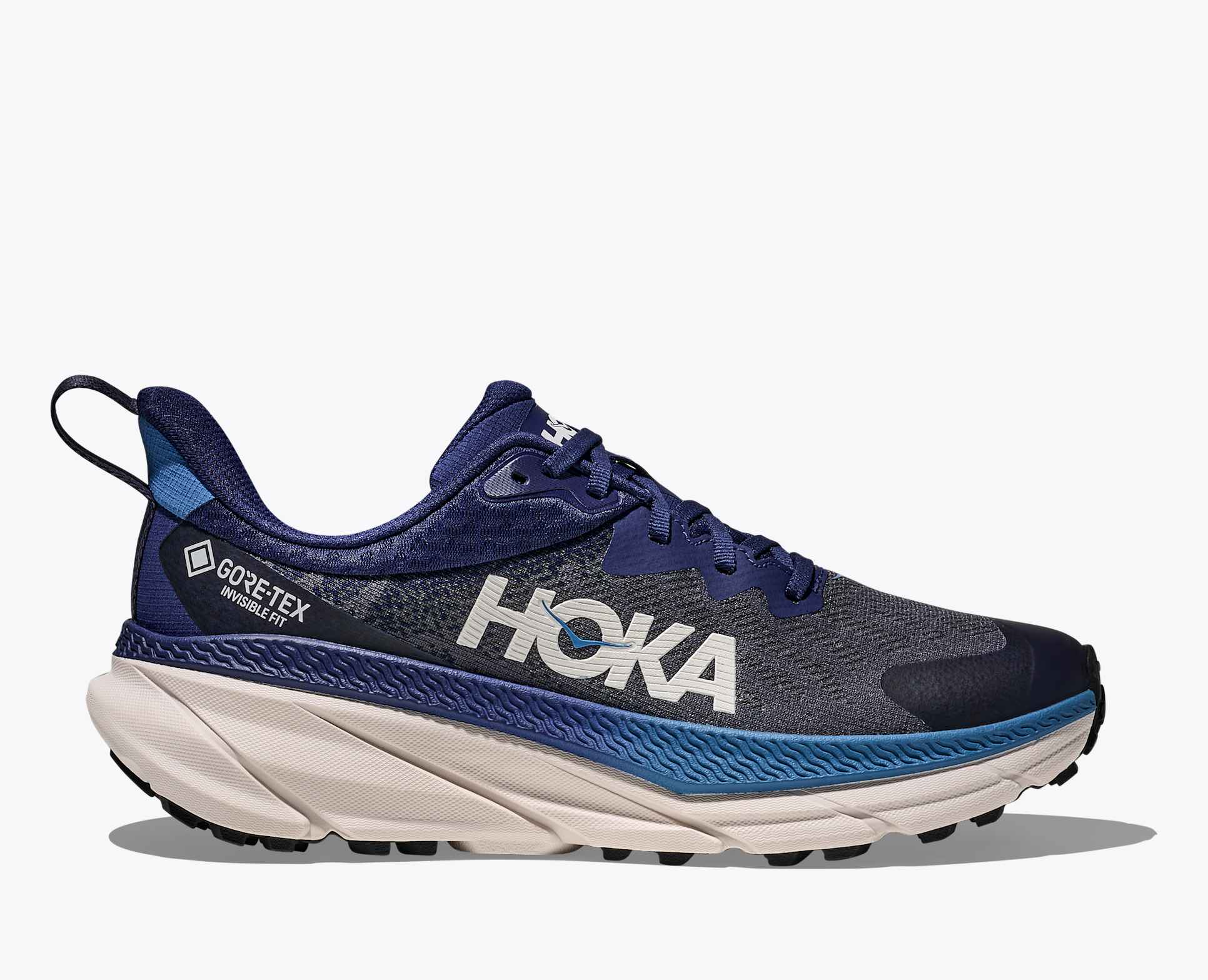 hoka challenger 7 gtx for mens, waterproof road and trail running shoe, navy blue with white sole and logo, side profile of shoe