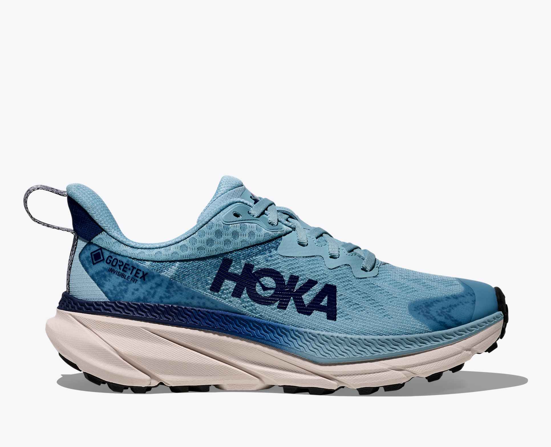 hoka challenger 7 gtx for women, waterproof road and trail running shoe, light blue colour with navy details and logo and white sole, side profile of shoe