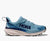 hoka challenger 7 gtx for women, waterproof road and trail running shoe, light blue colour with navy details and logo and white sole, side profile of shoe