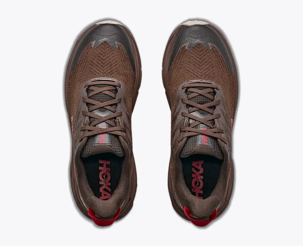 hoka challenger 8 gtx for men, waterproof gravel road to trail running and walking shoe, dark brown colour with black details and red logo, over head profile of both shoes