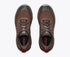 hoka challenger 8 gtx for men, waterproof gravel road to trail running and walking shoe, dark brown colour with black details and red logo, over head profile of both shoes