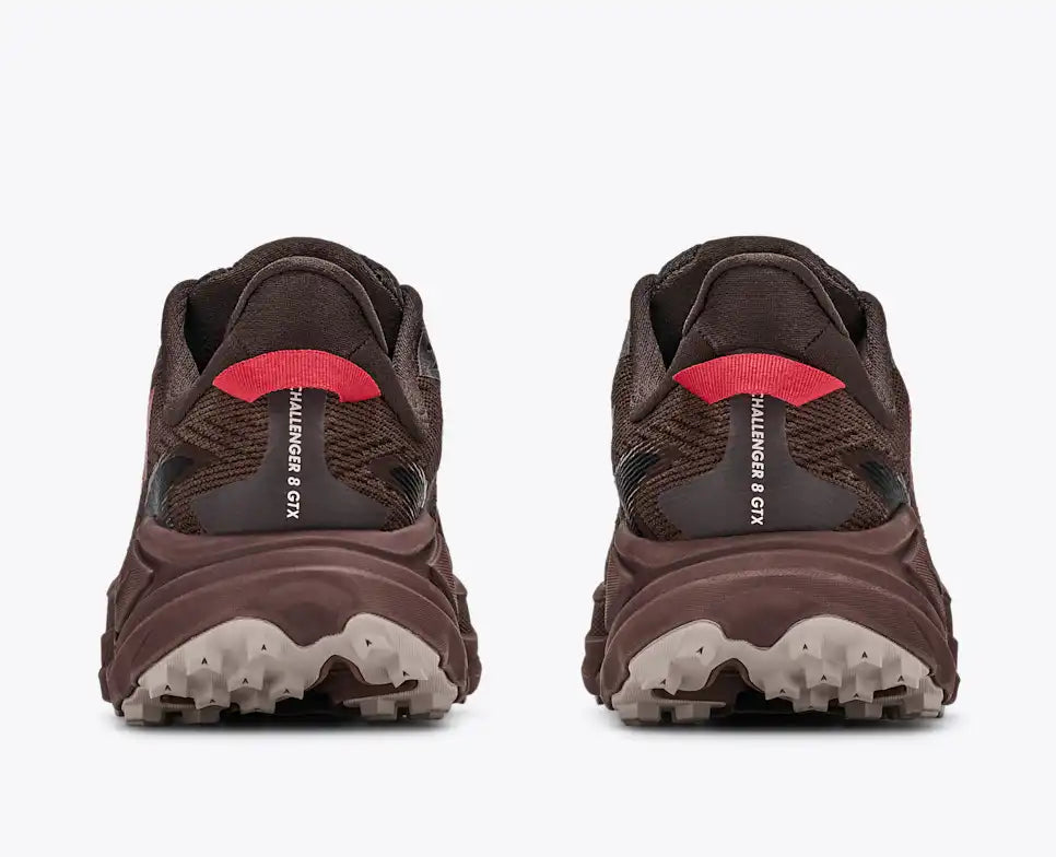 hoka challenger 8 gtx for men, waterproof gravel road to trail running and walking shoe, dark brown colour with black details and red logo, back profile of both shoes