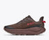 hoka challenger 8 gtx for men, waterproof gravel road to trail running and walking shoe, dark brown colour with black details and red logo, side profile of shoe