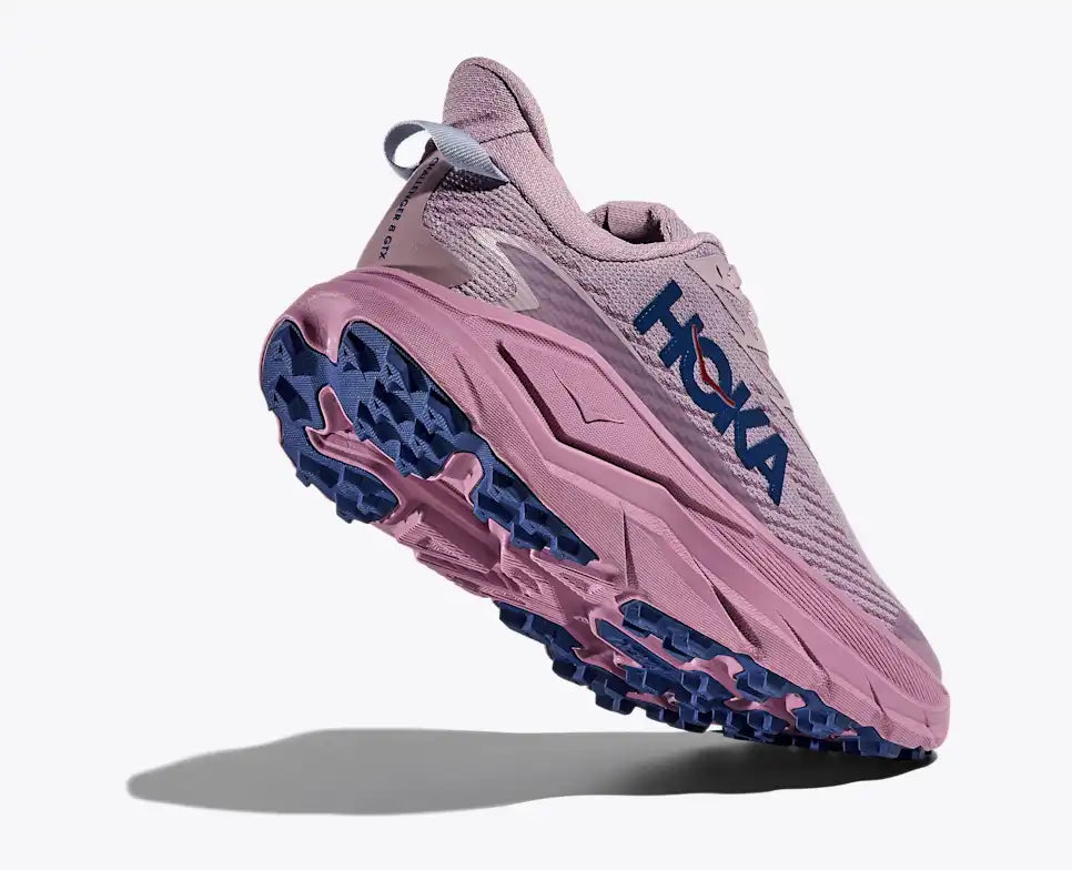 hoka challenger 8 gtx womens, road to trail gravel running and walking shoe, dark pink and purple, side profile of shoe