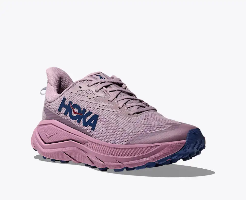 hoka challenger 8 gtx womens, road to trail gravel running and walking shoe, dark pink and purple, side profile of shoe