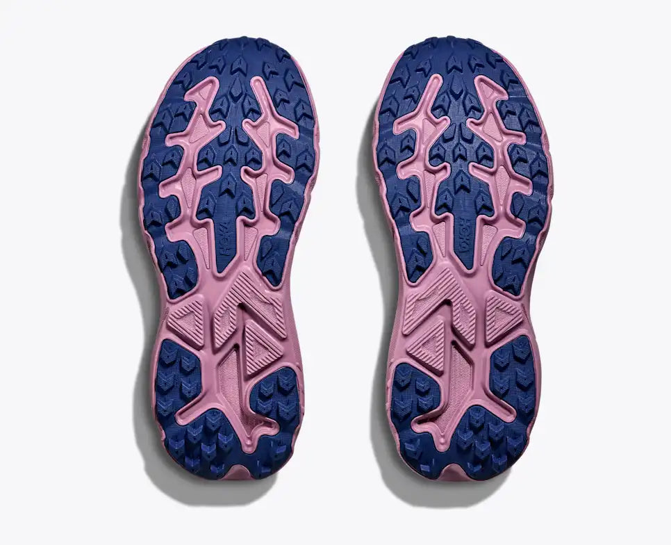 hoka challenger 8 gtx womens, road to trail gravel running and walking shoe, dark pink and purple, soles of shoes