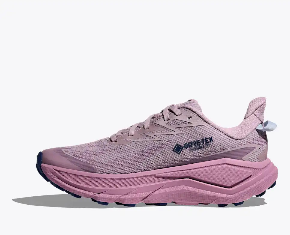 hoka challenger 8 gtx womens, road to trail gravel running and walking shoe, dark pink and purple, side profile of shoe