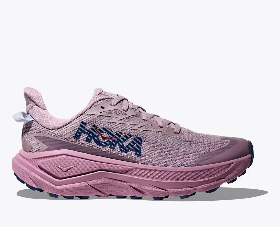 hoka challenger 8 gtx womens, road to trail gravel running and walking shoe, dark pink and purple, side profile of shoe