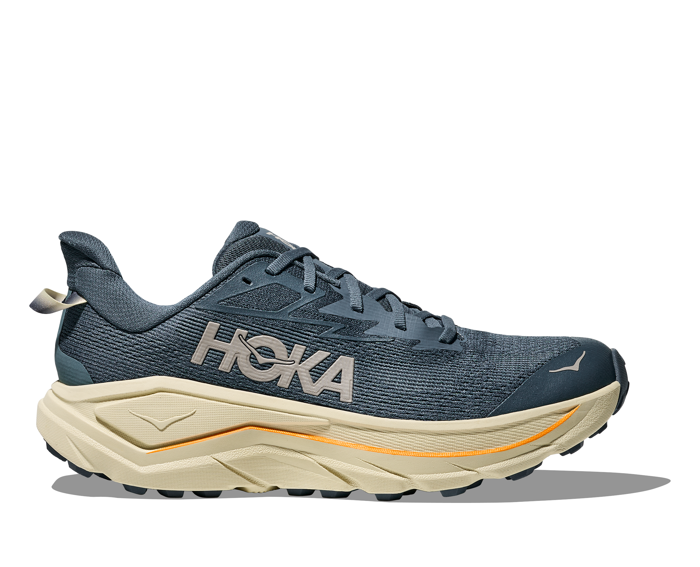 hoka challenger 8 mens, road to trail running shoe, navy colour with yellow stripe, side profile of shoe