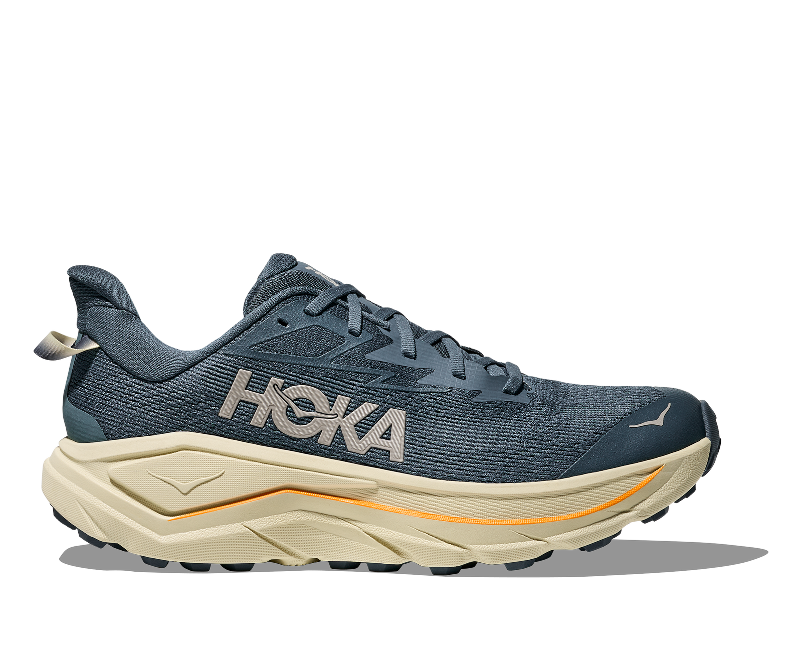 hoka challenger 8 mens, road to trail running shoe, navy colour with yellow stripe, side profile of shoe