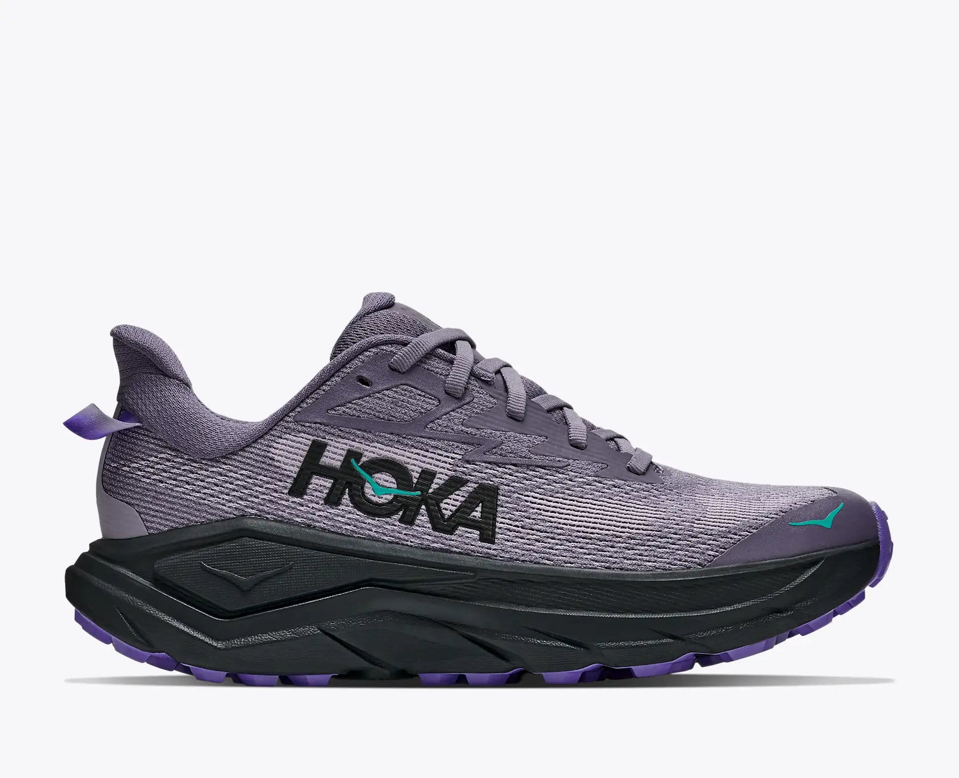 hoka challenger 8 with black sole and purple upper, gravel trail running and walking shoe, side profile of shoe