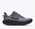hoka challenger 8 with black sole and purple upper, gravel trail running and walking shoe, side profile of shoe