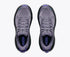 A pair of Hoka trail running shoes shown from a top-down view,light purple grey mesh upper with black soles and purple branding inside the collar.