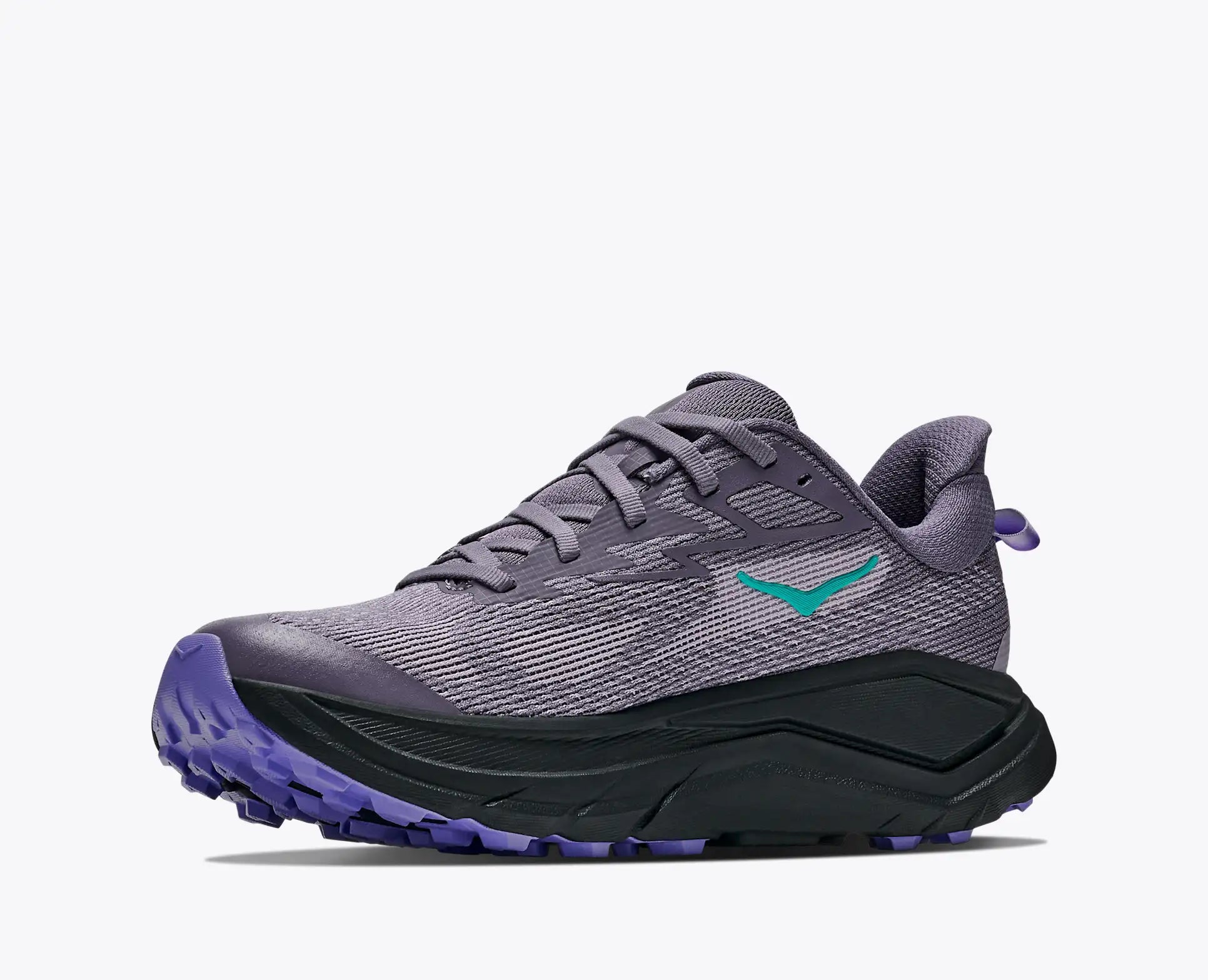 hoka trail running shoe in purple and black with a small teal logo, shown from the side against a white background.