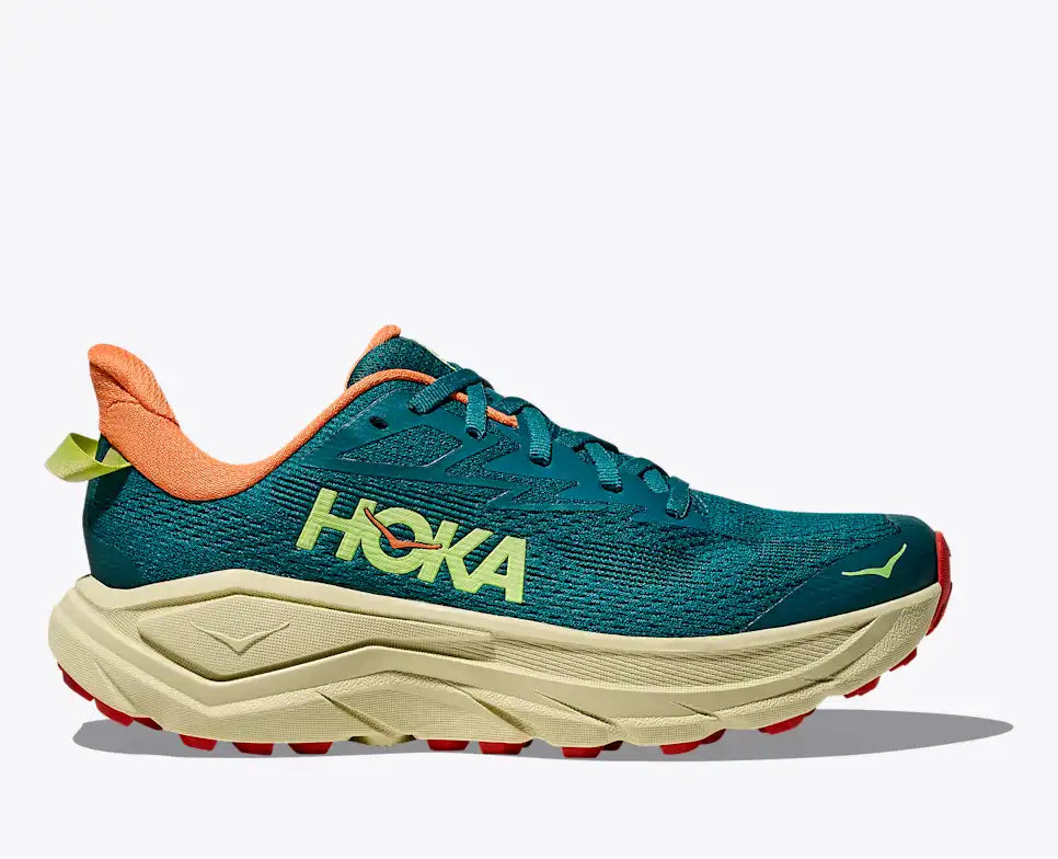 hoka challenger 8 womens, road to trail running shoe for gravel and mixed terrain, aqua blue colour with tan sole and orange details, side profile of shoe