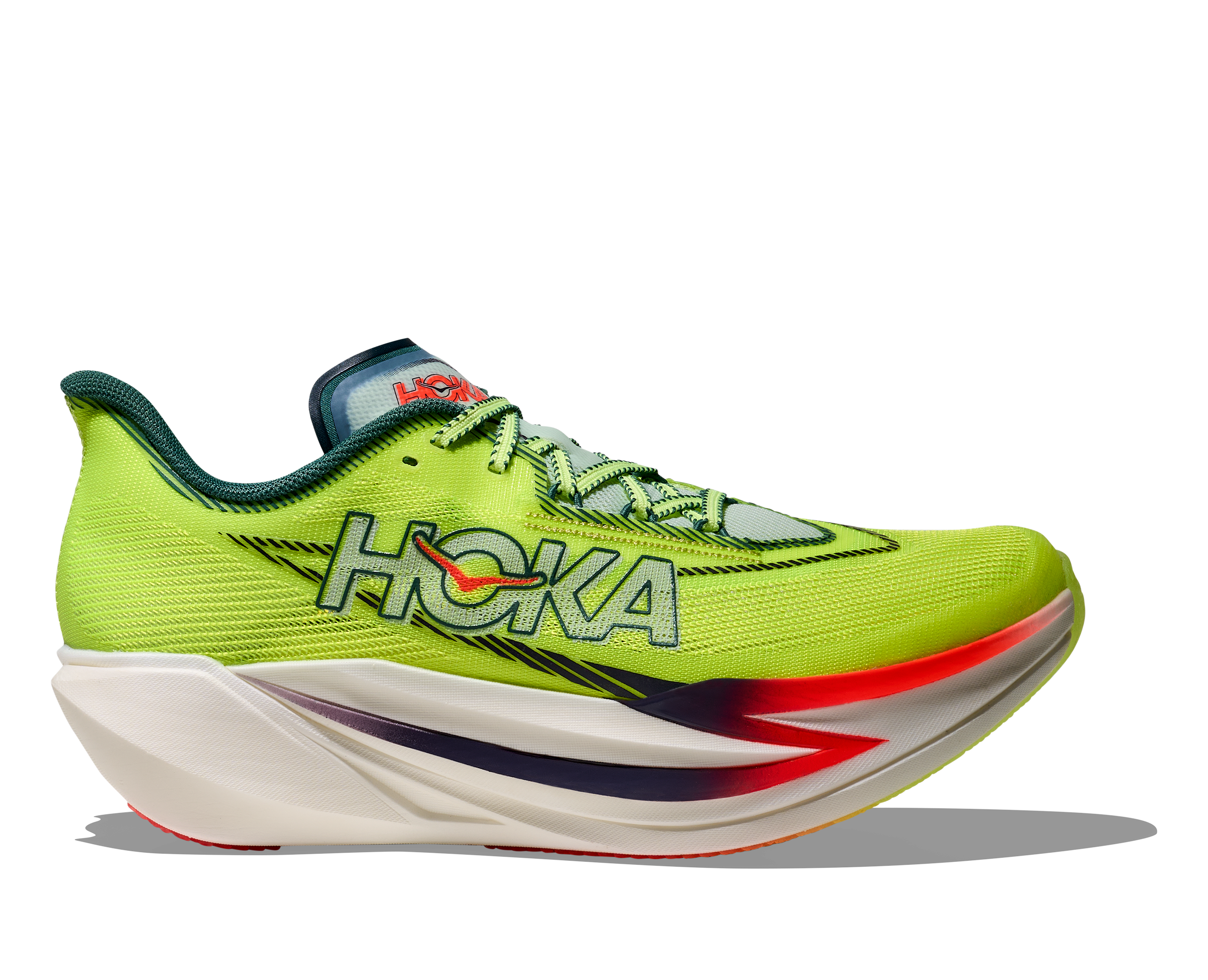 hoka cielo x1 3.0 all gender lightweight carbon plated fast racing shoe, neon green colour with black and red details on white sole