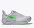 hoka clifton 10 for me, lightweight cushioned running and walking shoe, light grey colour with bright green and blue details, side profile of shoe on white background