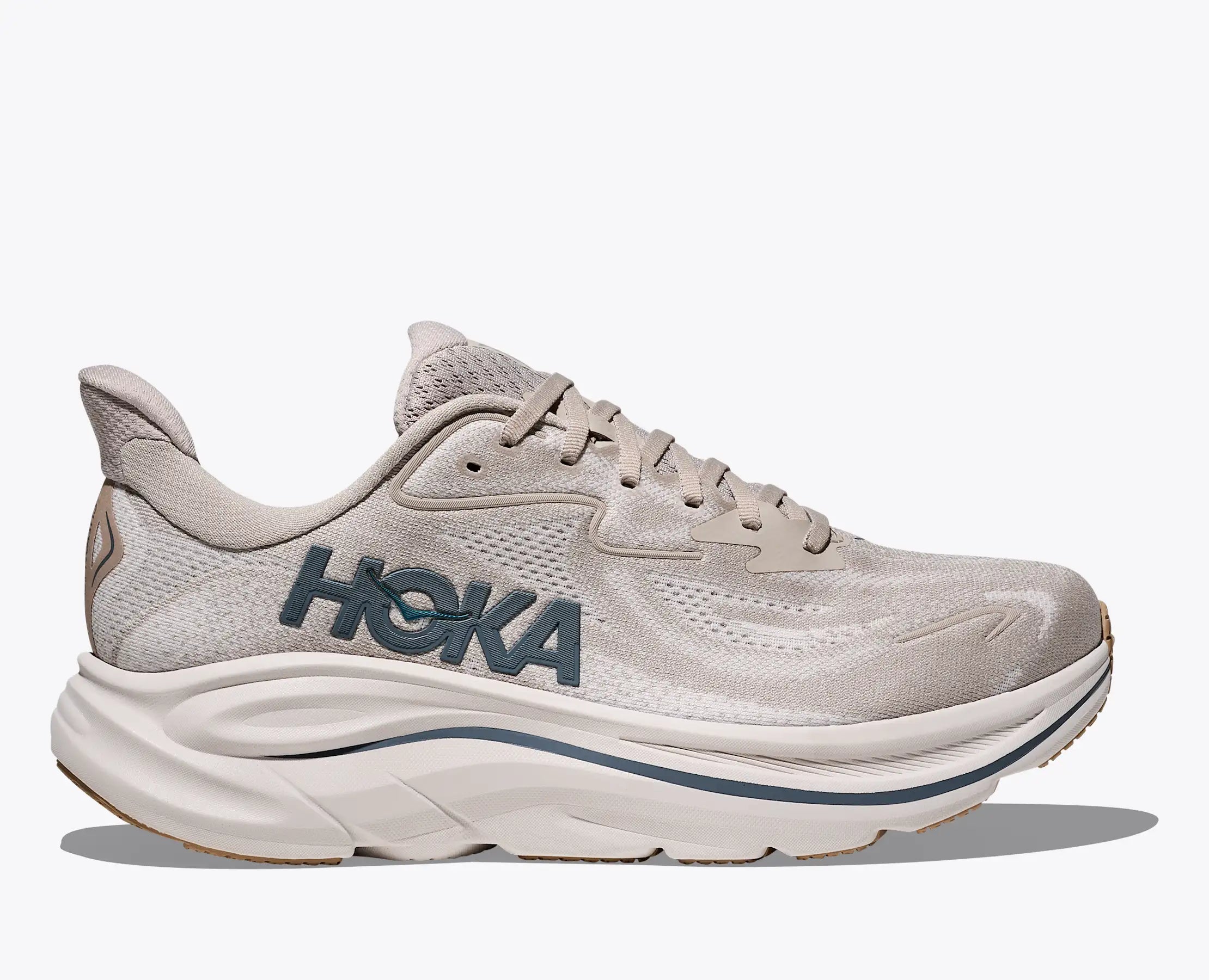 hoka clifton 10 mens, lightweight road running and walking shoe with good cushioning, light grey colour with dark grey logo, side profile of shoe on white background
