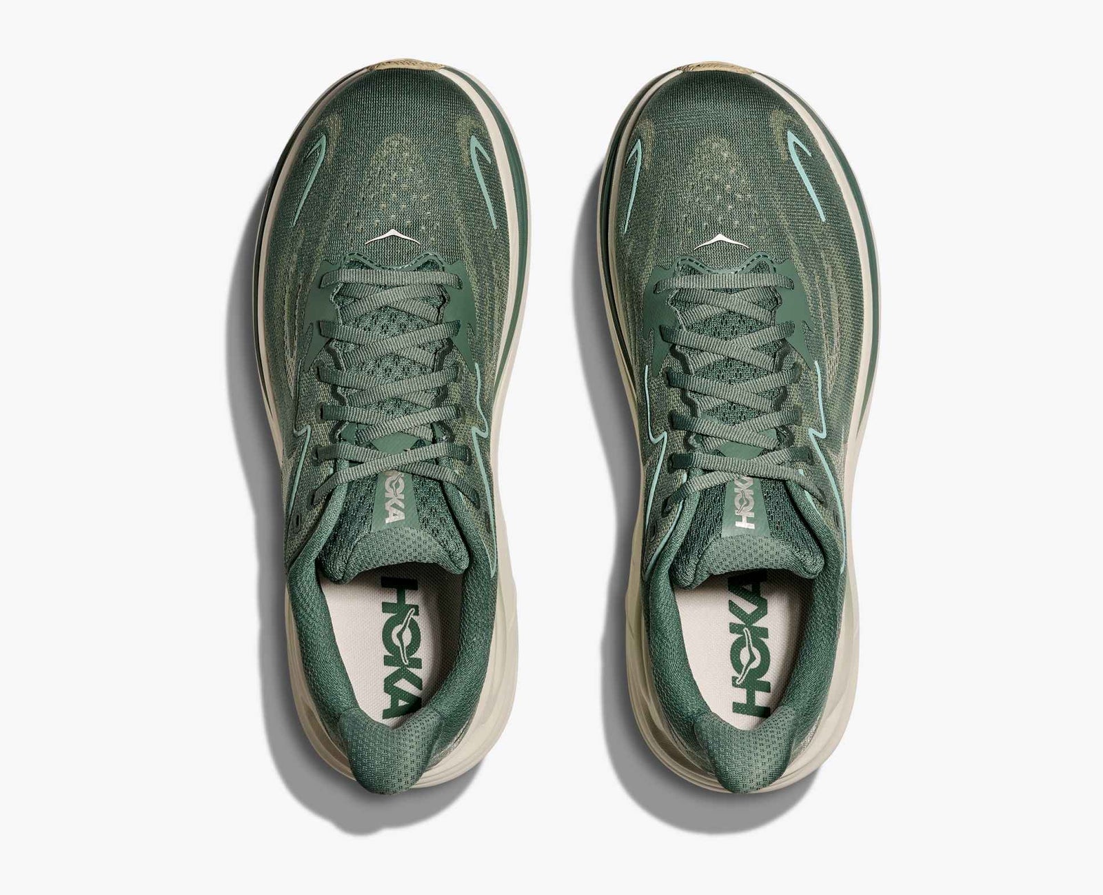 dark green hoka mens running shoe with 'Hoka' branding top down view