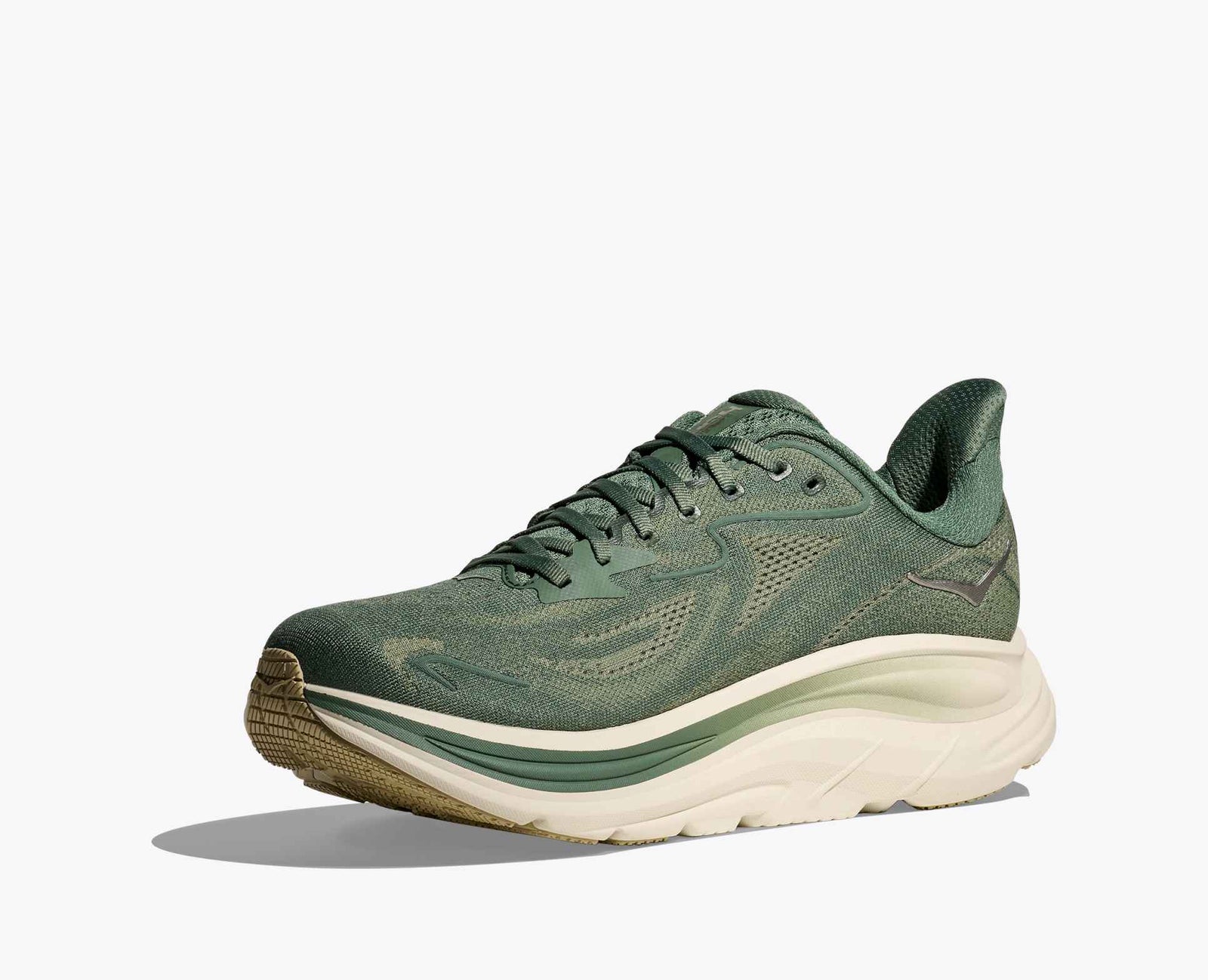 dark green hoka mens running shoe with 'Hoka' brand logo