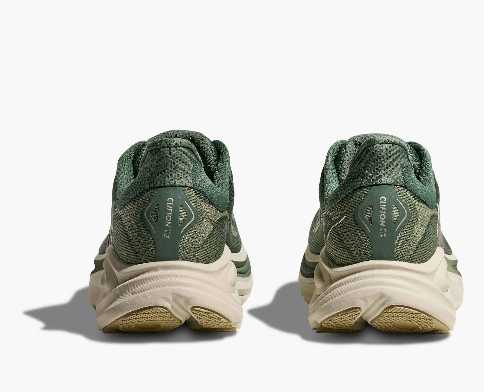 dark green hoka mens running shoe with off white heels