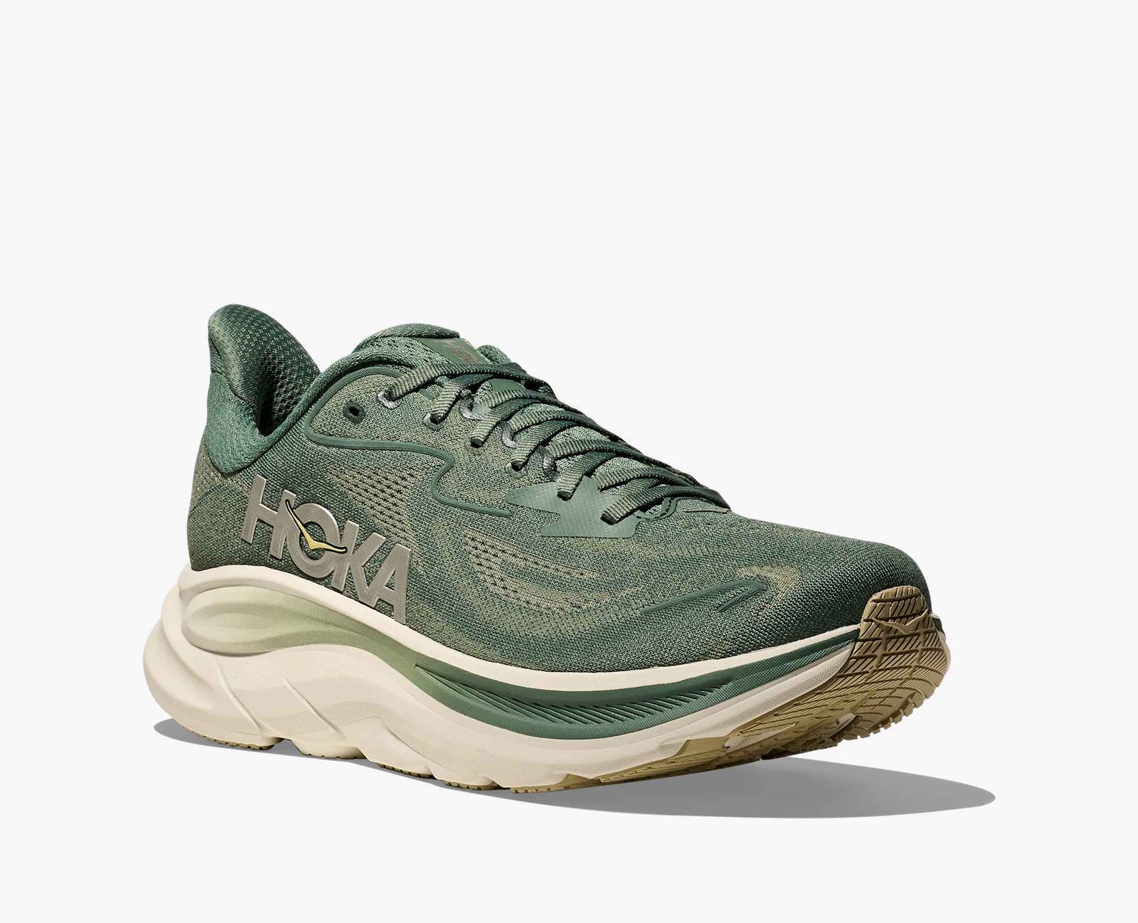 dark green hoka mens running shoe with green details