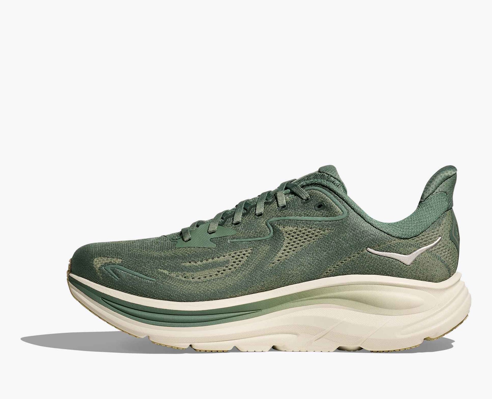 dark green hoka mens running shoe with 'Hoka' logo branding