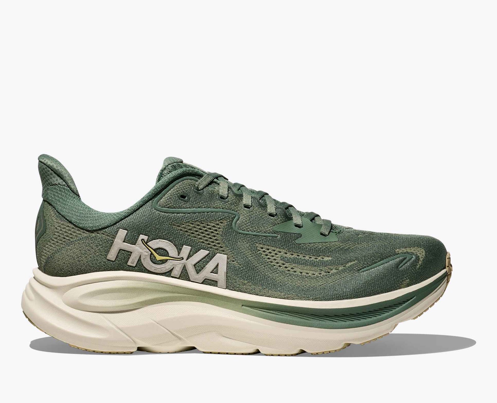 dark green hoka mens running shoe with 'Hoka' branding