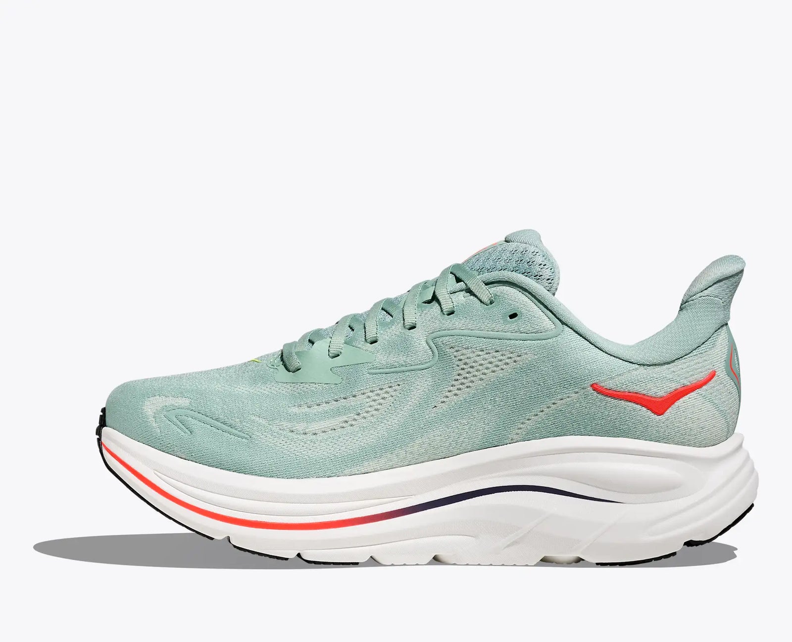 hoka clifton 10 for men, lightweight cushioned road running and walking shoe, light green colour with red and black details, side profile of shoe