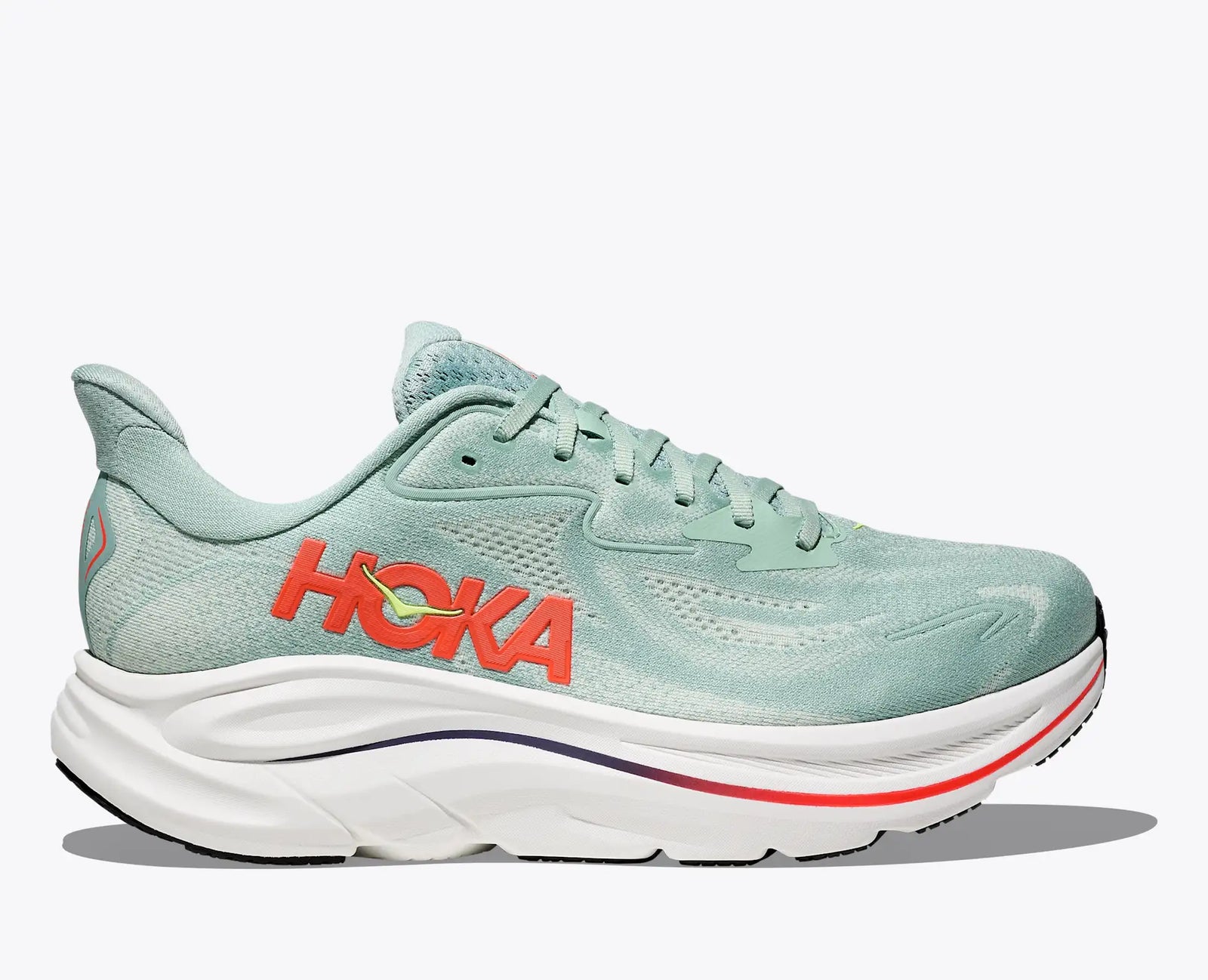 hoka clifton 10 for men, lightweight cushioned road running and walking shoe, light green colour with red and black details, side profile of shoe