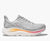 hoka clifton 10 womens, lightweight everyday running shoe, light grey colour with pink and orange details on white sole, side profile