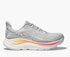 hoka clifton 10 womens, lightweight everyday running shoe, light grey colour with pink and orange details on white sole, side profile