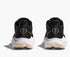 Pair of hoka clifton 10 neutral running shoes for women, black rose gold colour, back heel view