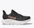 hoka clifton 10 running shoe for women, light and comfortable shoe for everyday running, black with rose gold details, profile of shoe on a white background