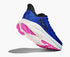 hoka clifton 10 womens, lightweight everyday running shoe, navy dark blue colour with pink and blue details on white sole