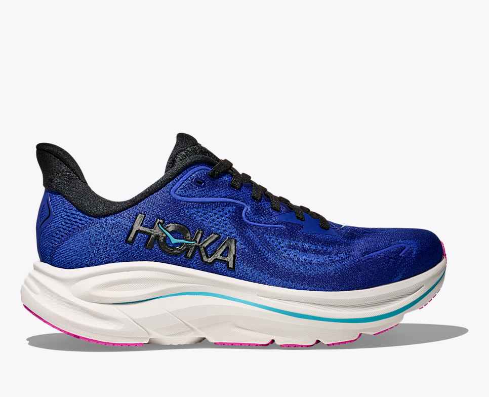 hoka clifton 10 womens, lightweight everyday running shoe, navy dark blue colour with pink and blue details on white sole
