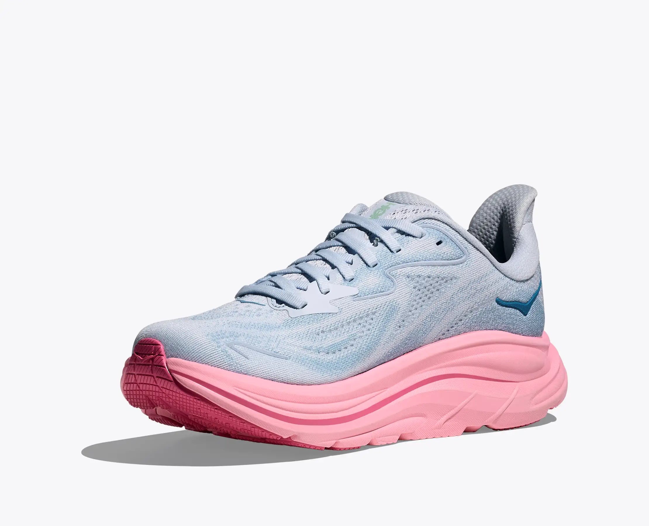 hoka clifton 10 for women, lightweight cushioned road running and walking shoe, light blue colour with pink sole, inside angle of shoe