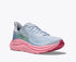 hoka clifton 10 for women, lightweight cushioned road running and walking shoe, light blue colour with pink sole, outside angle of shoe