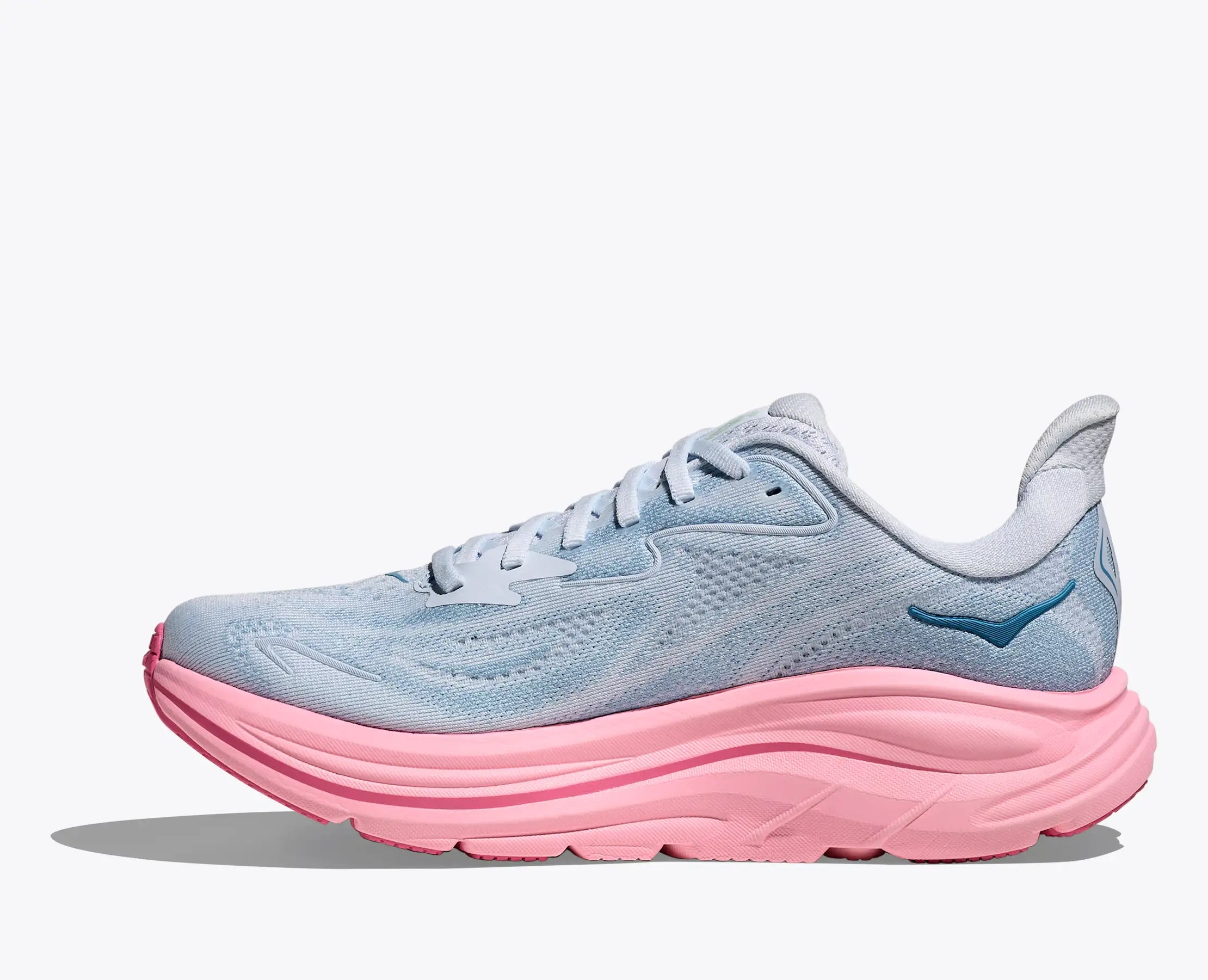 hoka clifton 10 for women, lightweight cushioned road running and walking shoe, light blue colour with pink sole, inside profile of shoe