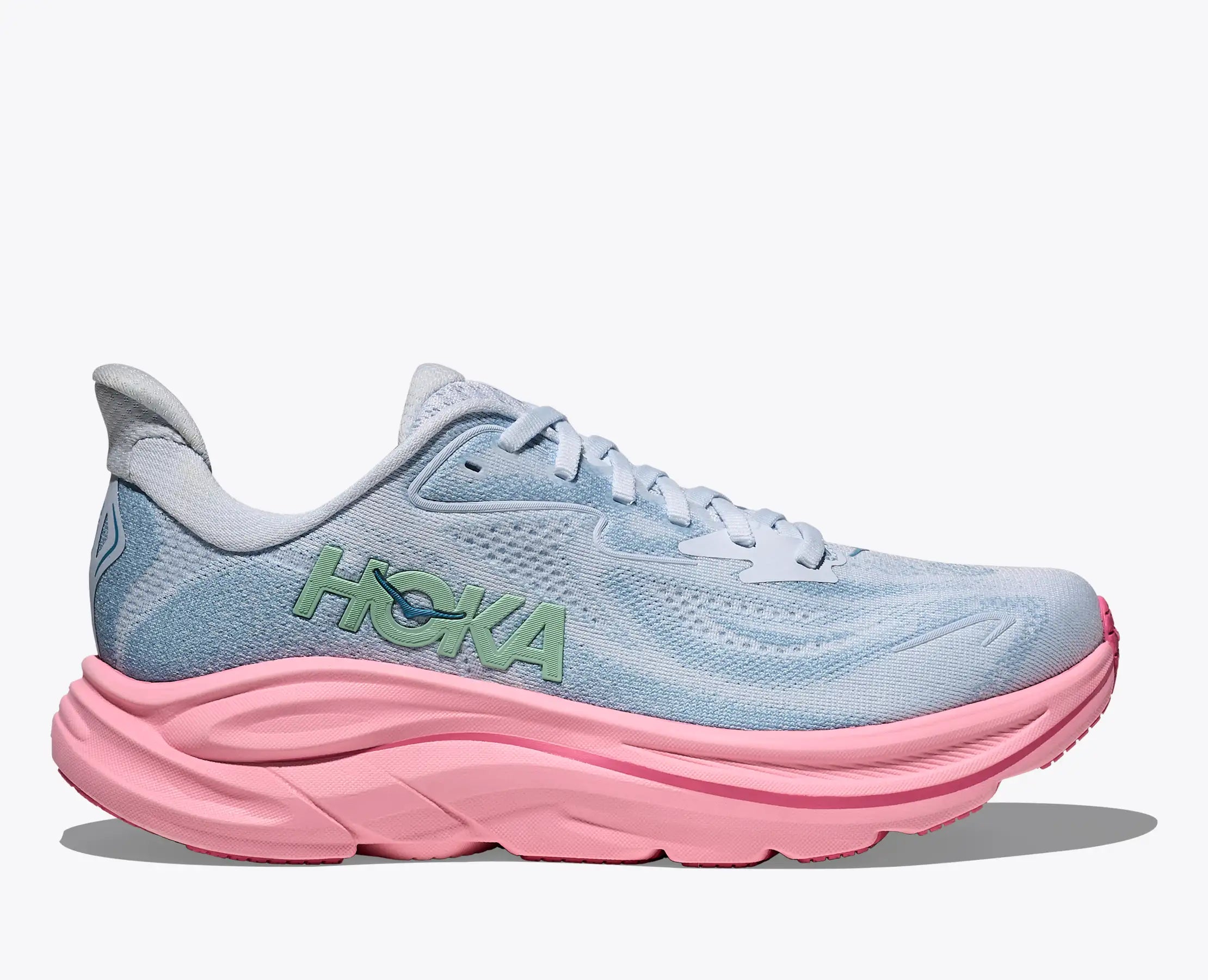 hoka clifton 10 for women, lightweight cushioned road running and walking shoe, light blue colour with pink sole, side profile of shoe