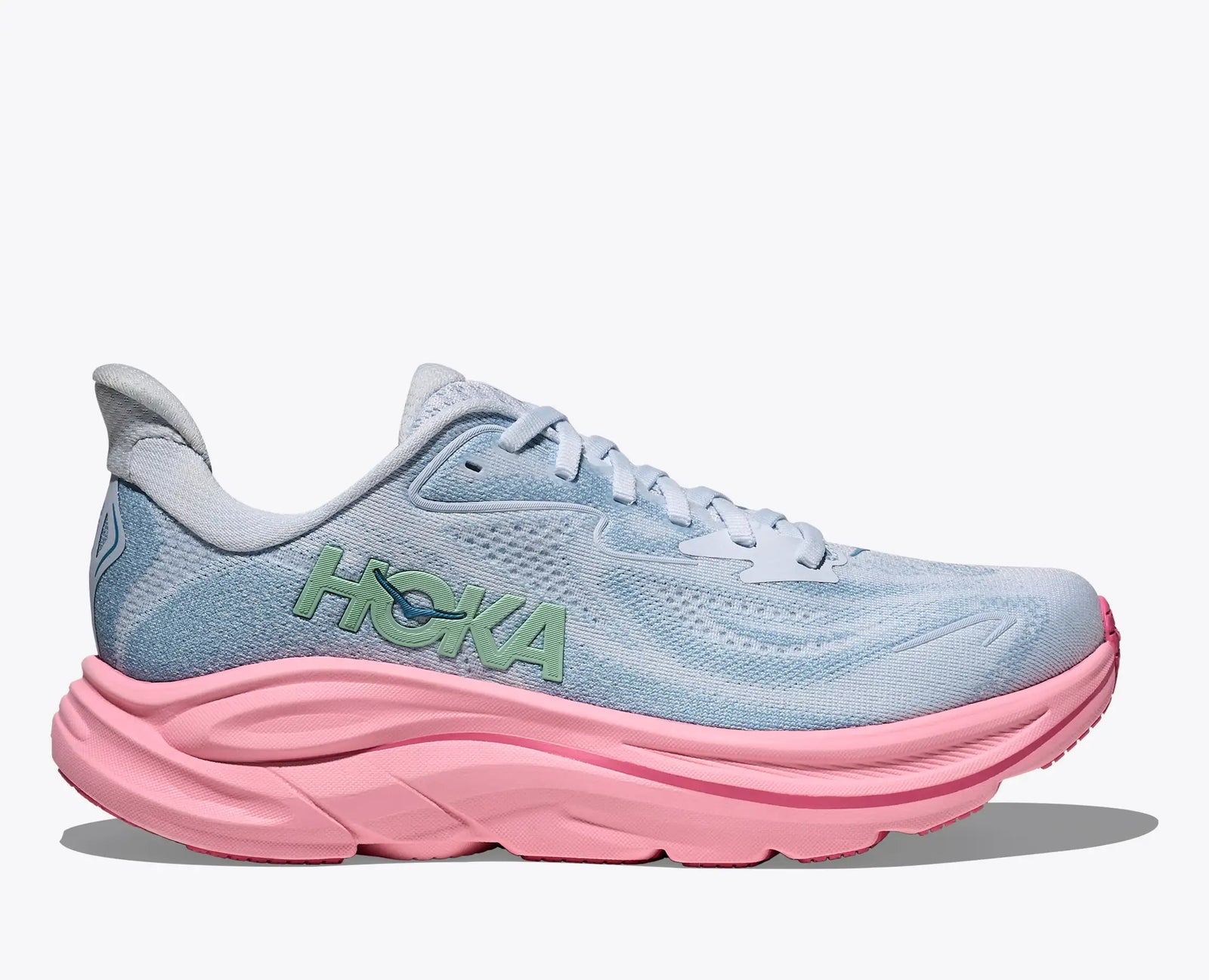 hoka clifton 10 for women, lightweight cushioned road running and walking shoe, light blue colour with pink sole, side profile of shoe